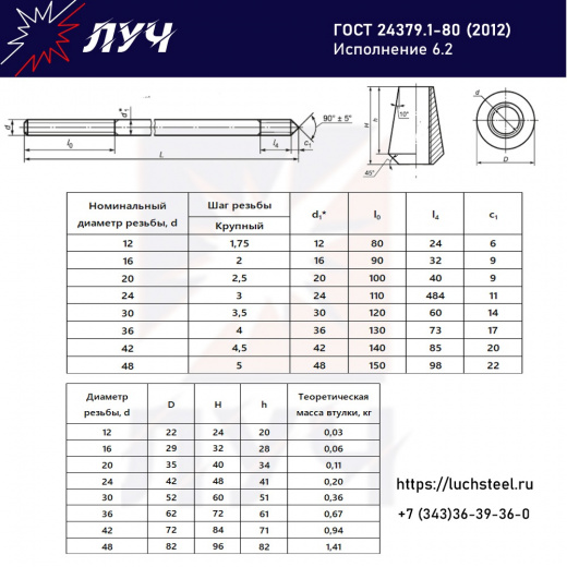 Фундаментные болты с конической втулкой 6.2 (любые размеры и диаметры) ГОСТ 24379.1-2012